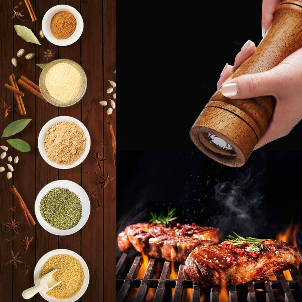 Hand holding a wooden pepper mill, fine pepper dusting over grilled meat