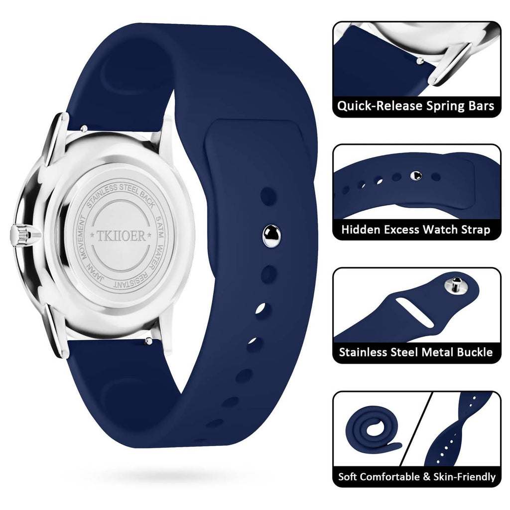 Analog watch with navy silicone strap, stainless buckle, and quick-release spring bars