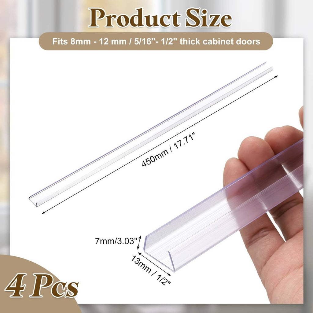 Clear PVC cabinet door edge protector set, multiple strips shown with open channel