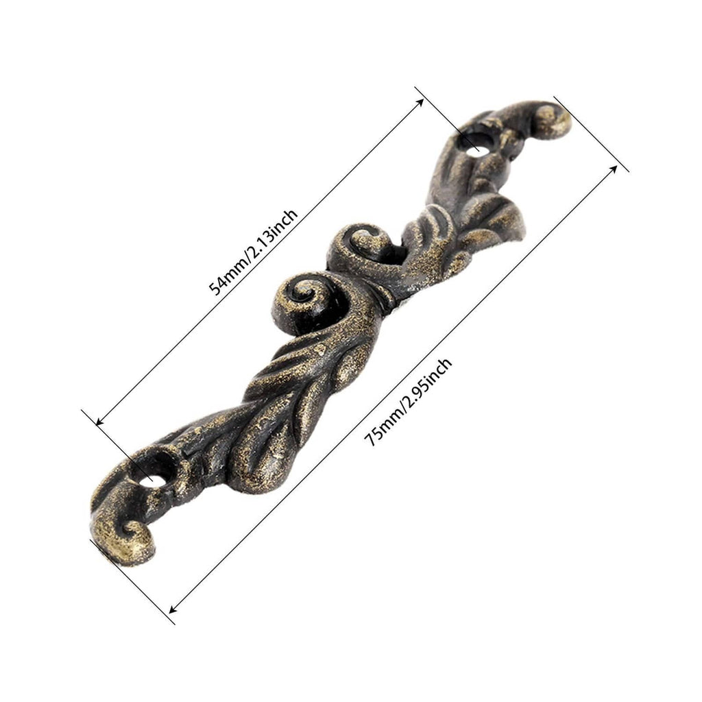 Ornate single pull handle, dark antique-brass finish, curved bar with spiral tips