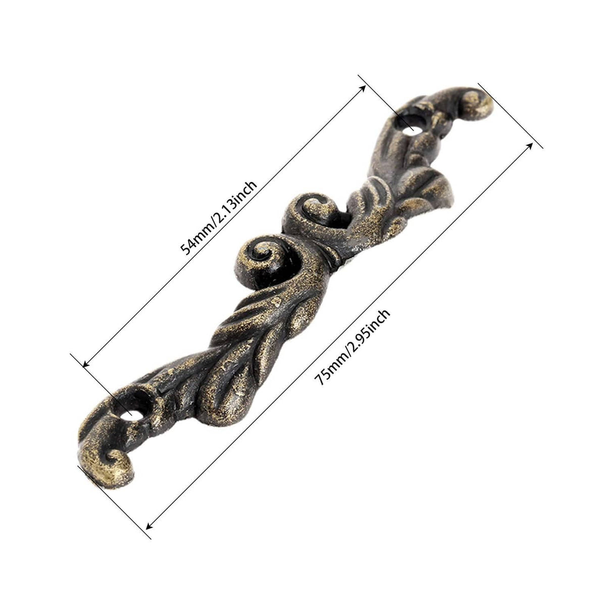 Ornate single pull handle, dark antique-brass finish, curved bar with spiral tips