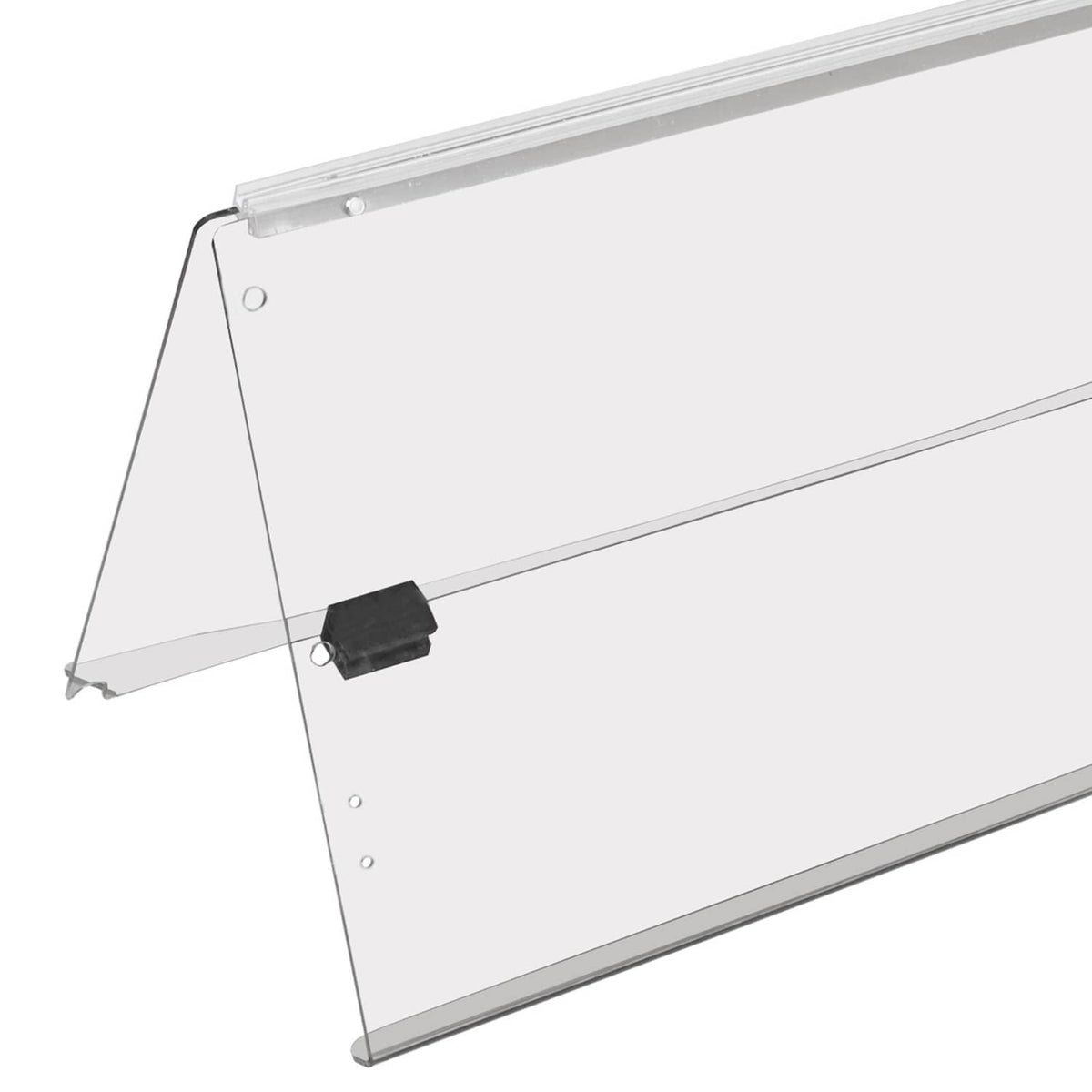 Folded clear windshield with black mounting brackets and hinge hardware