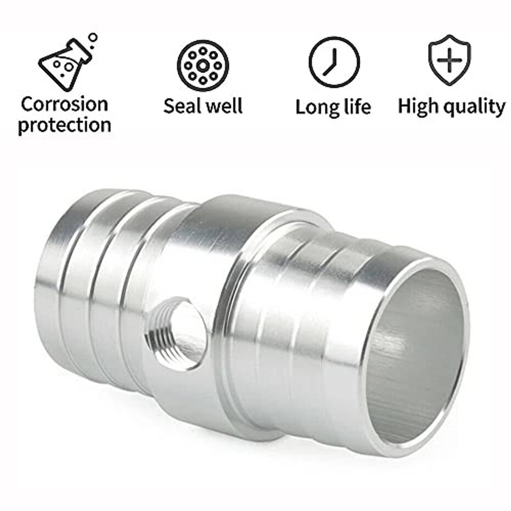 Polished aluminum radiator hose adapter with side threaded port and ribbed connector ends