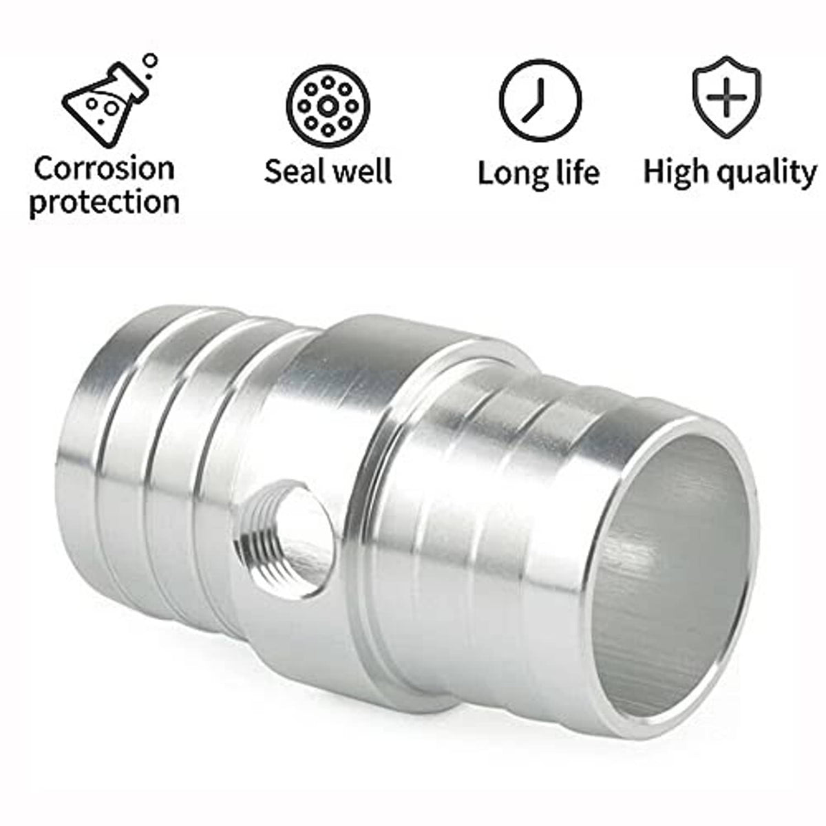 Polished aluminum radiator hose adapter with side threaded port and ribbed connector ends