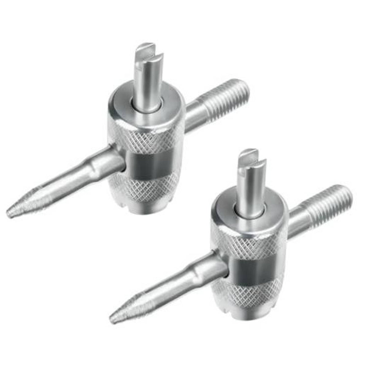 Set of two silver valve core removal tools with pointed blades and knurled grip