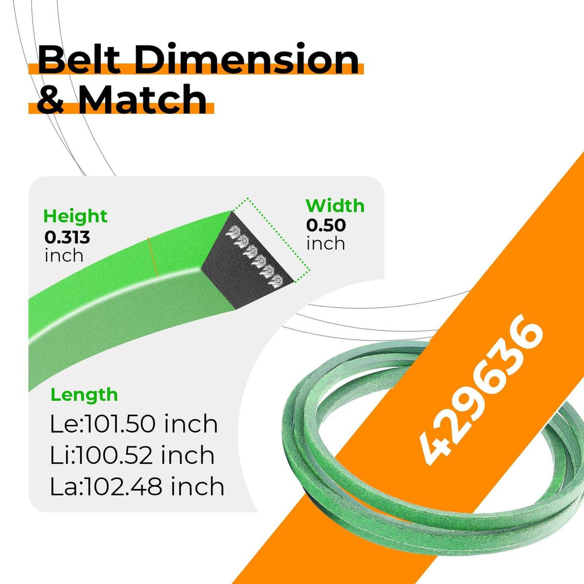 Green mower deck belt with highlighted length and width callouts on packaging