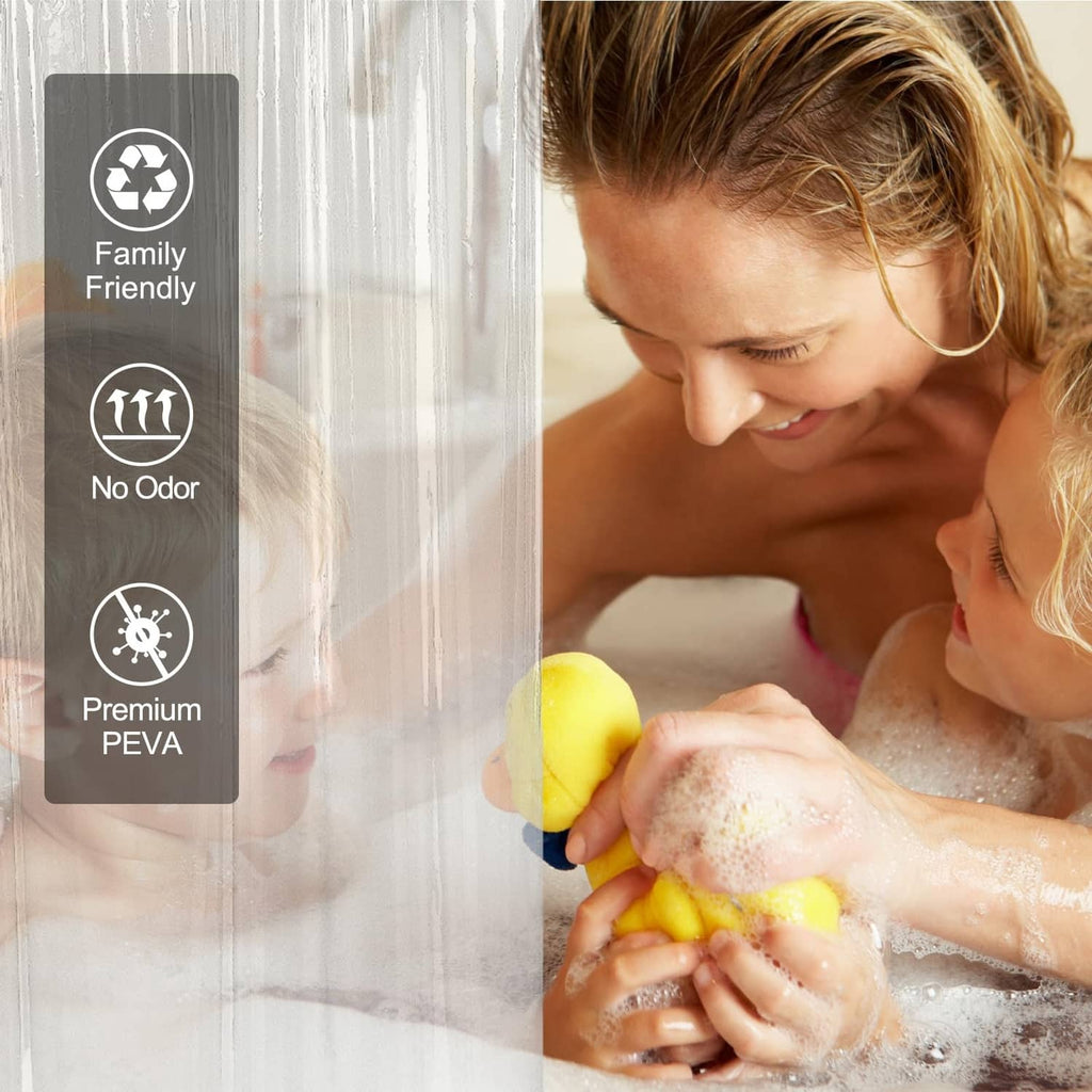 Clear plastic shower curtain liner protecting shower area, see-through design
