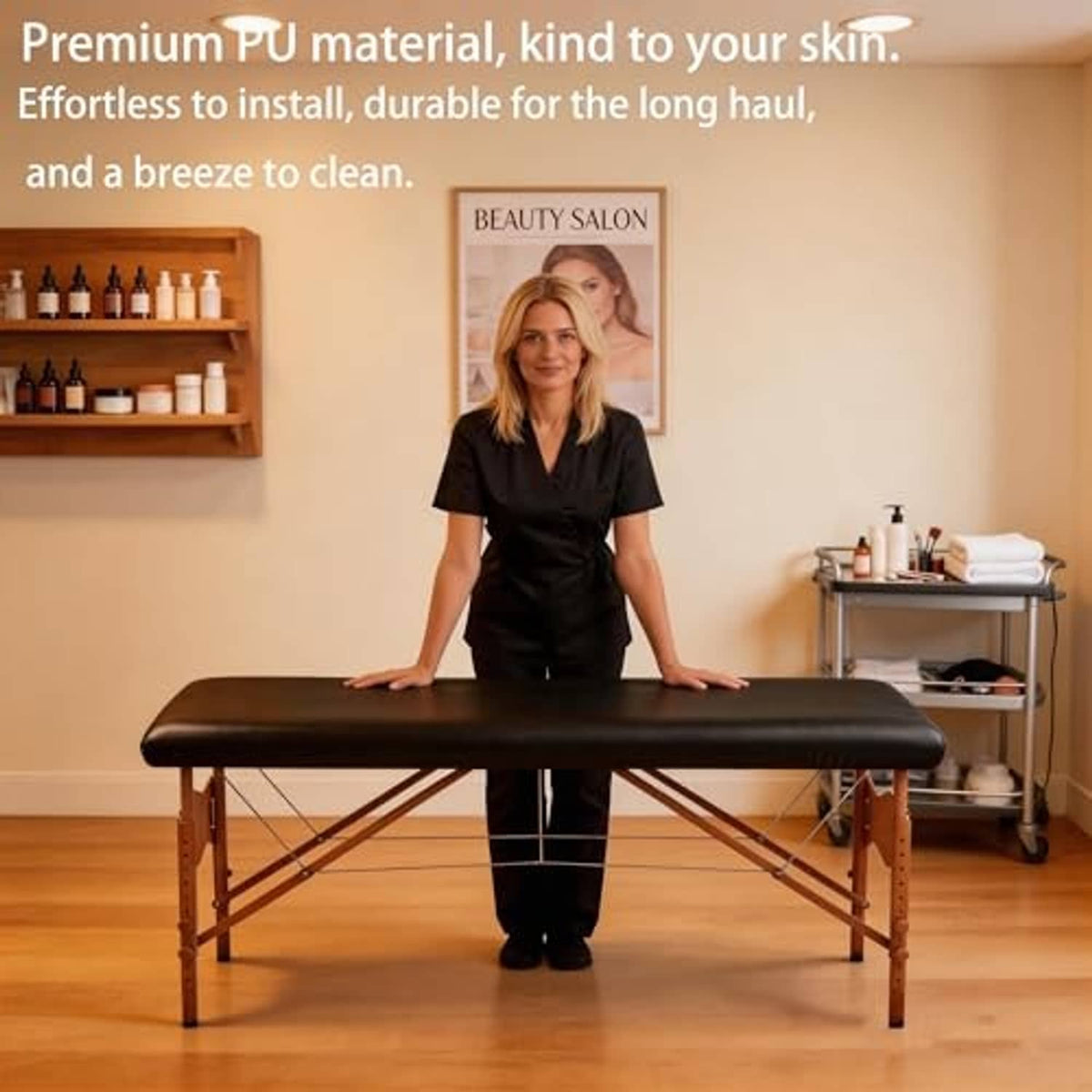 Black massage table cover on wooden massage bed used for professional massages