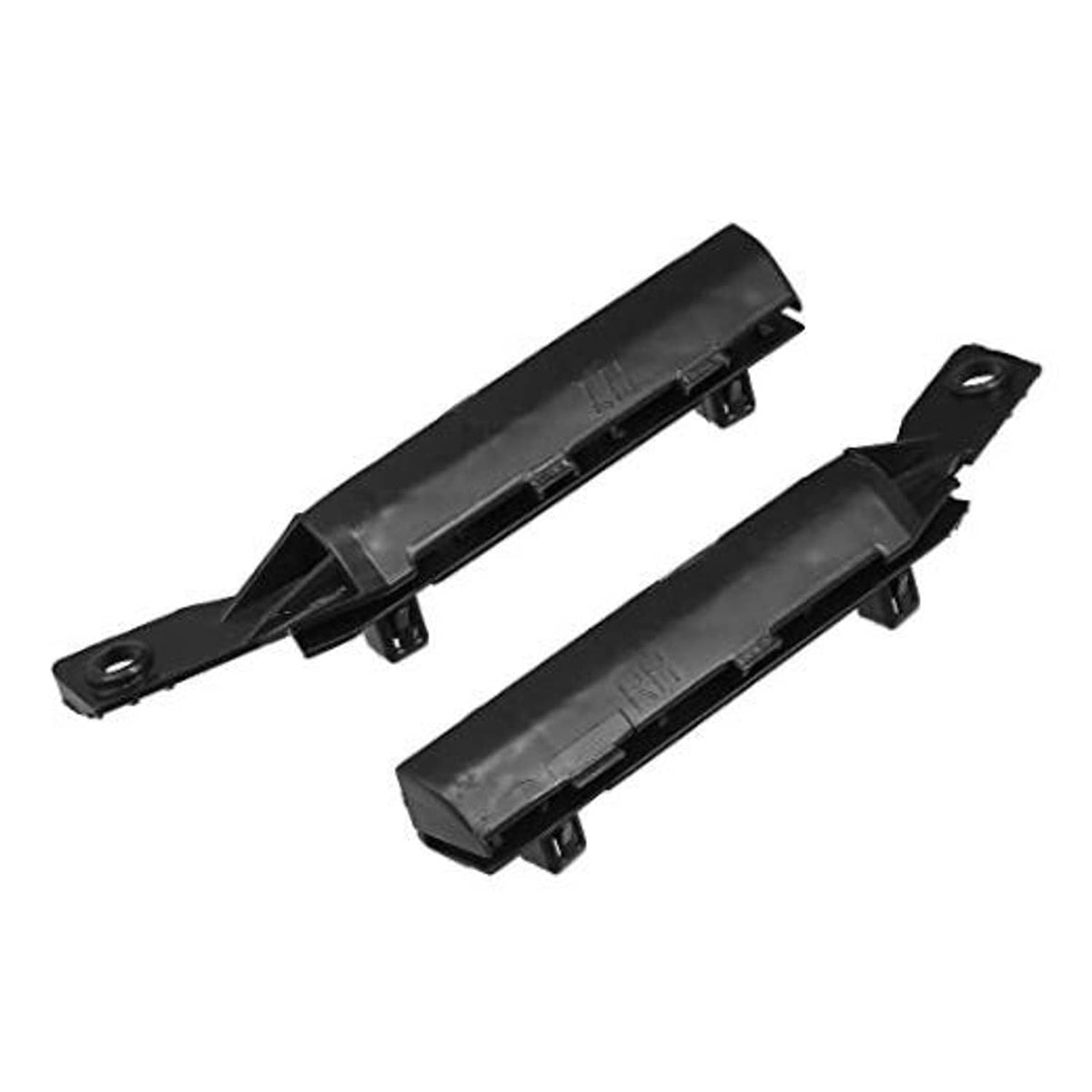 Pair of front bumper support brackets, black plastic with mounting holes