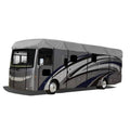 RV roof cover over motorhome, gray heavy oxford fabric with blue stripe design