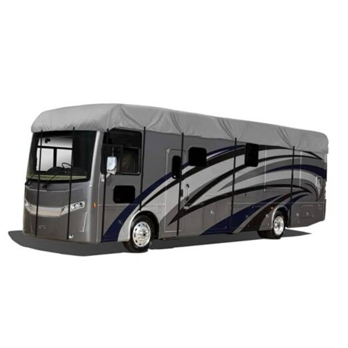 RV roof cover over motorhome, gray heavy oxford fabric with blue stripe design