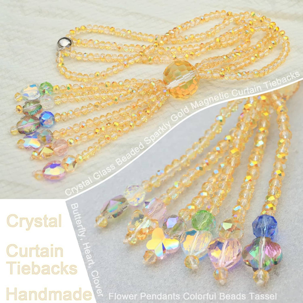 Close-up of gold crystal beaded curtain tiebacks with colorful AB tassel charms
