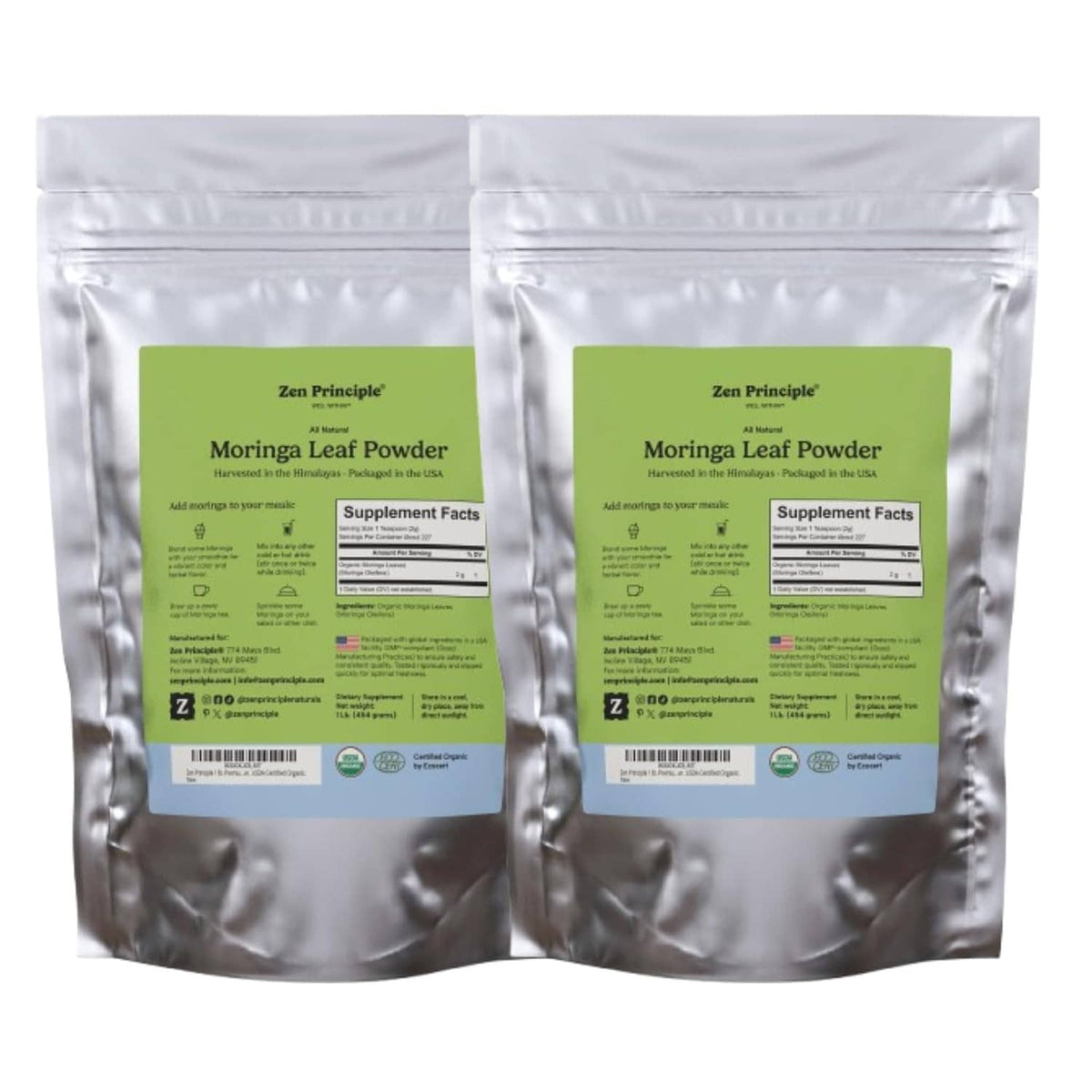 2-pack moringa leaf powder in two silver resealable pouches with green label panels