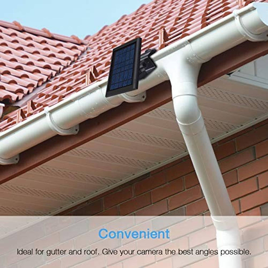 Black gutter mount with solar panel attached to a white gutter bracket arm
