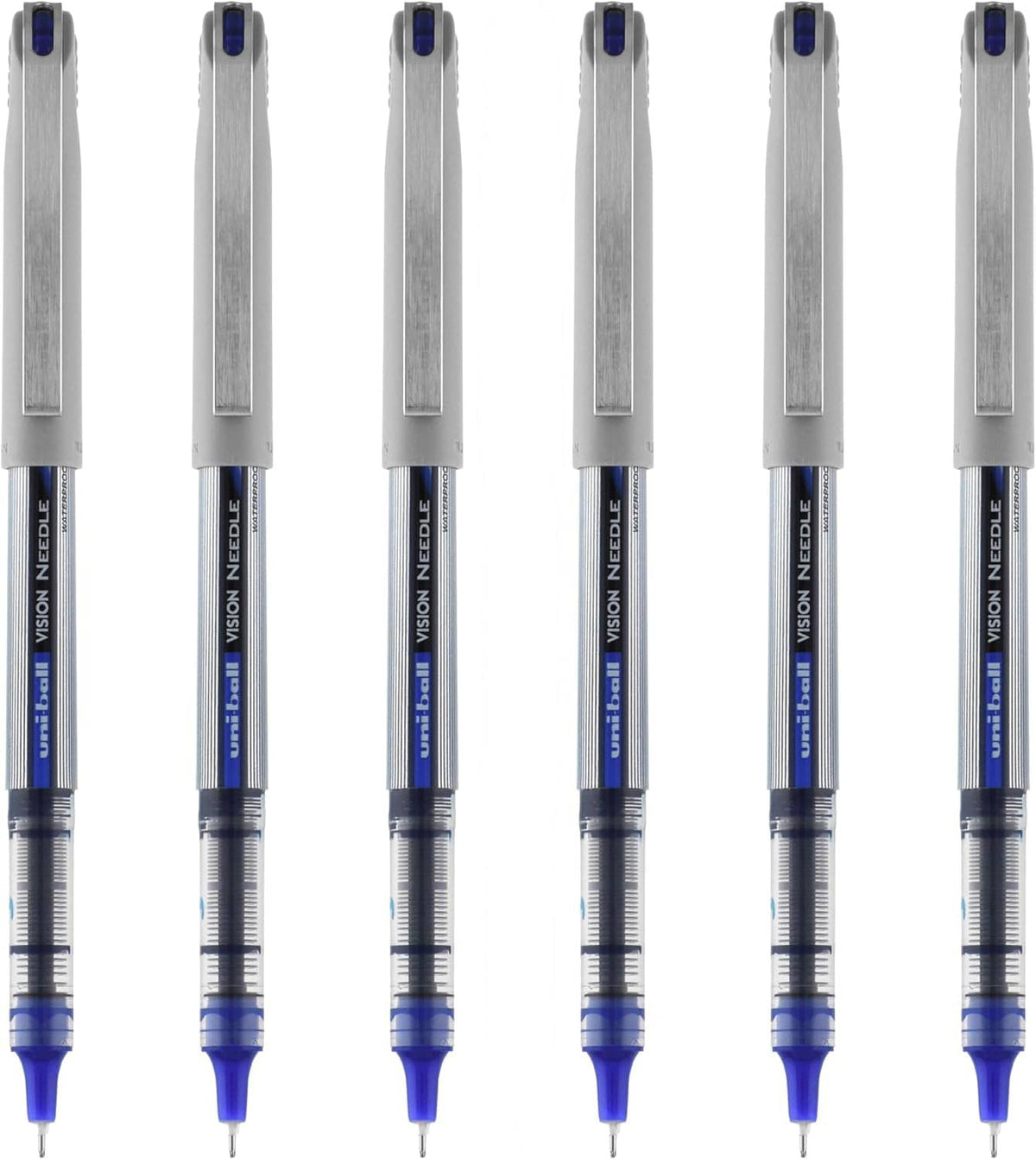 Set of fine-point needle rollerball pens with blue ink and translucent blue caps