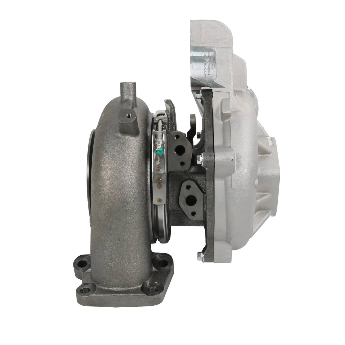 Turbocharger with flanged exhaust housing and actuator mounting bracket, gray metal