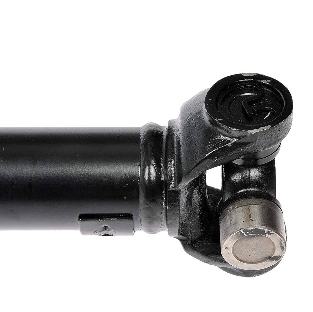 Front drive shaft U-joint end with black bracket, round cap, and bolt mounting area.