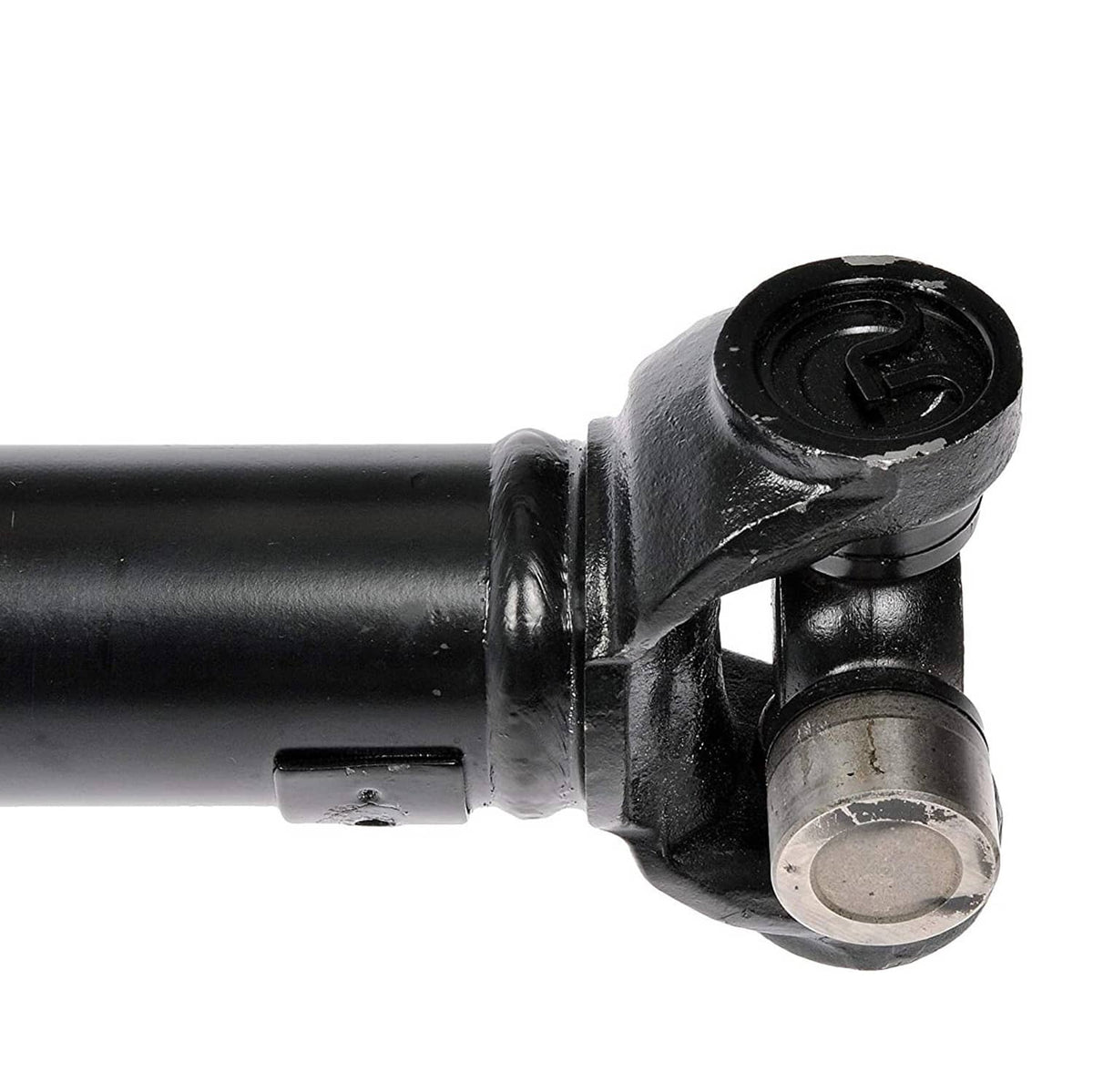 Front drive shaft U-joint end with black bracket, round cap, and bolt mounting area.