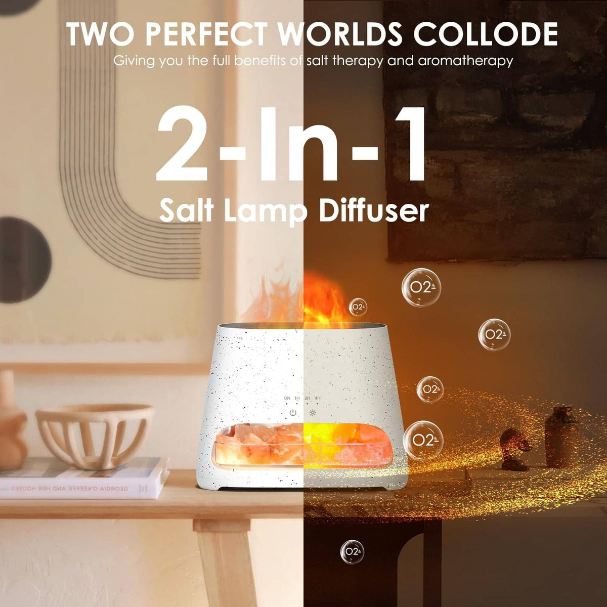 Off-white speckled 2-in-1 salt lamp diffuser on a table with warm glowing salt