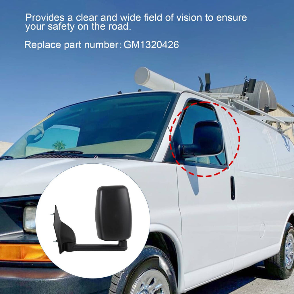 Black manual towing mirror replacement with clear lens, shown on van