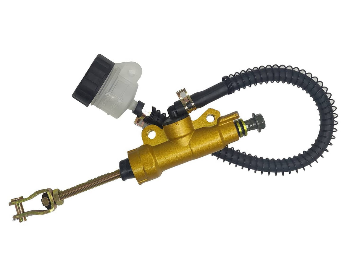 Rear brake master cylinder pump with reservoir and coiled black hose, gold body