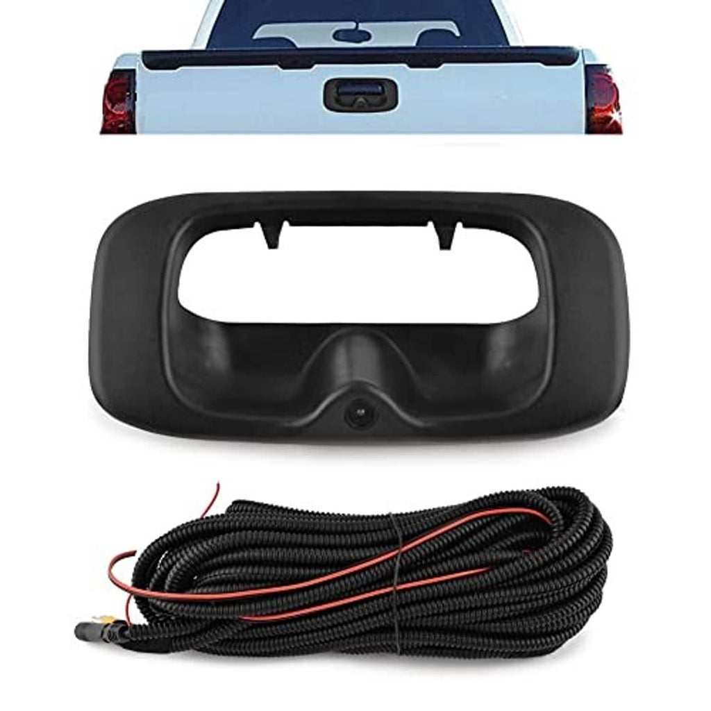 Black tailgate backup camera handle with lens opening and connected cable