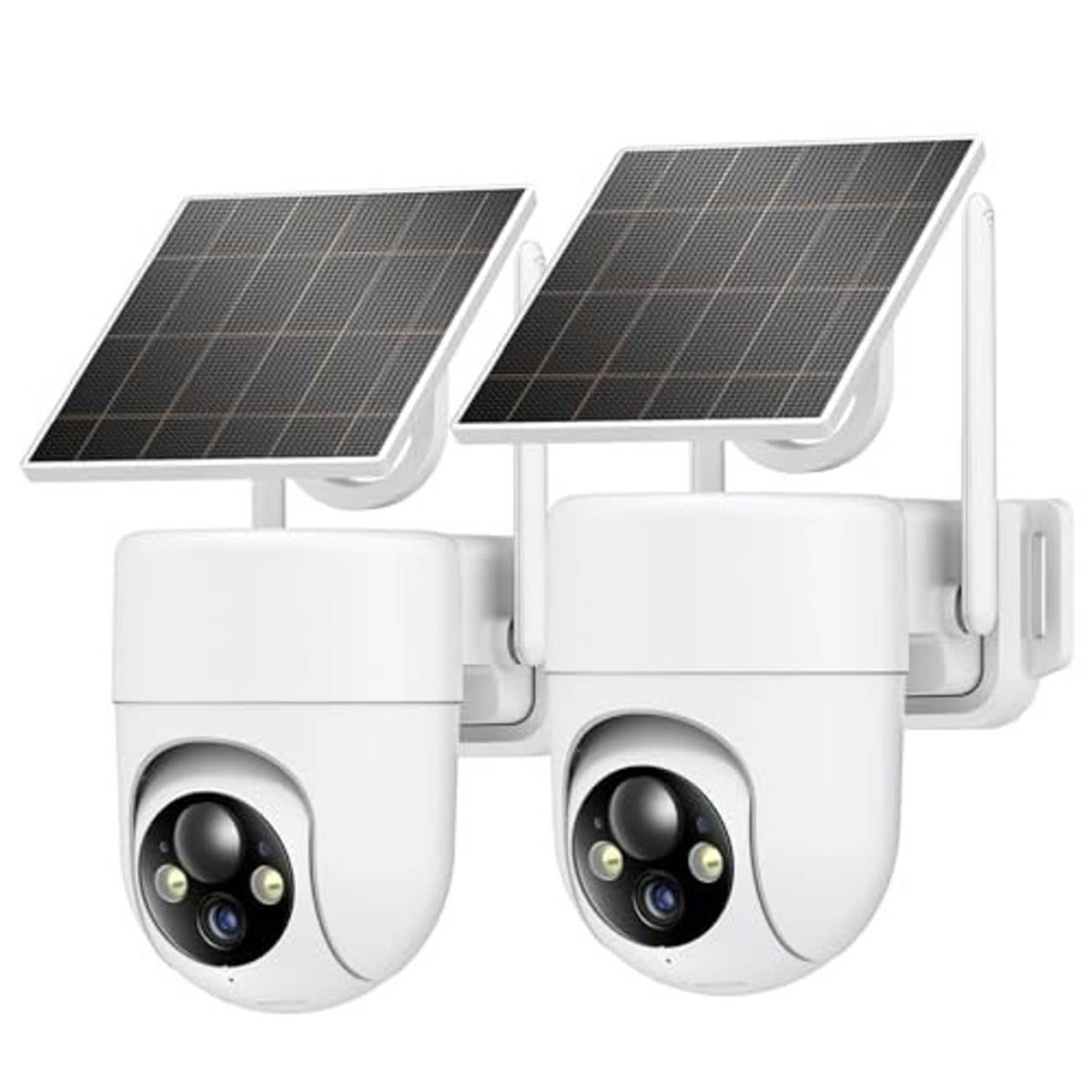 Two white outdoor dome security cameras with fold-out solar panels, side-by-side view