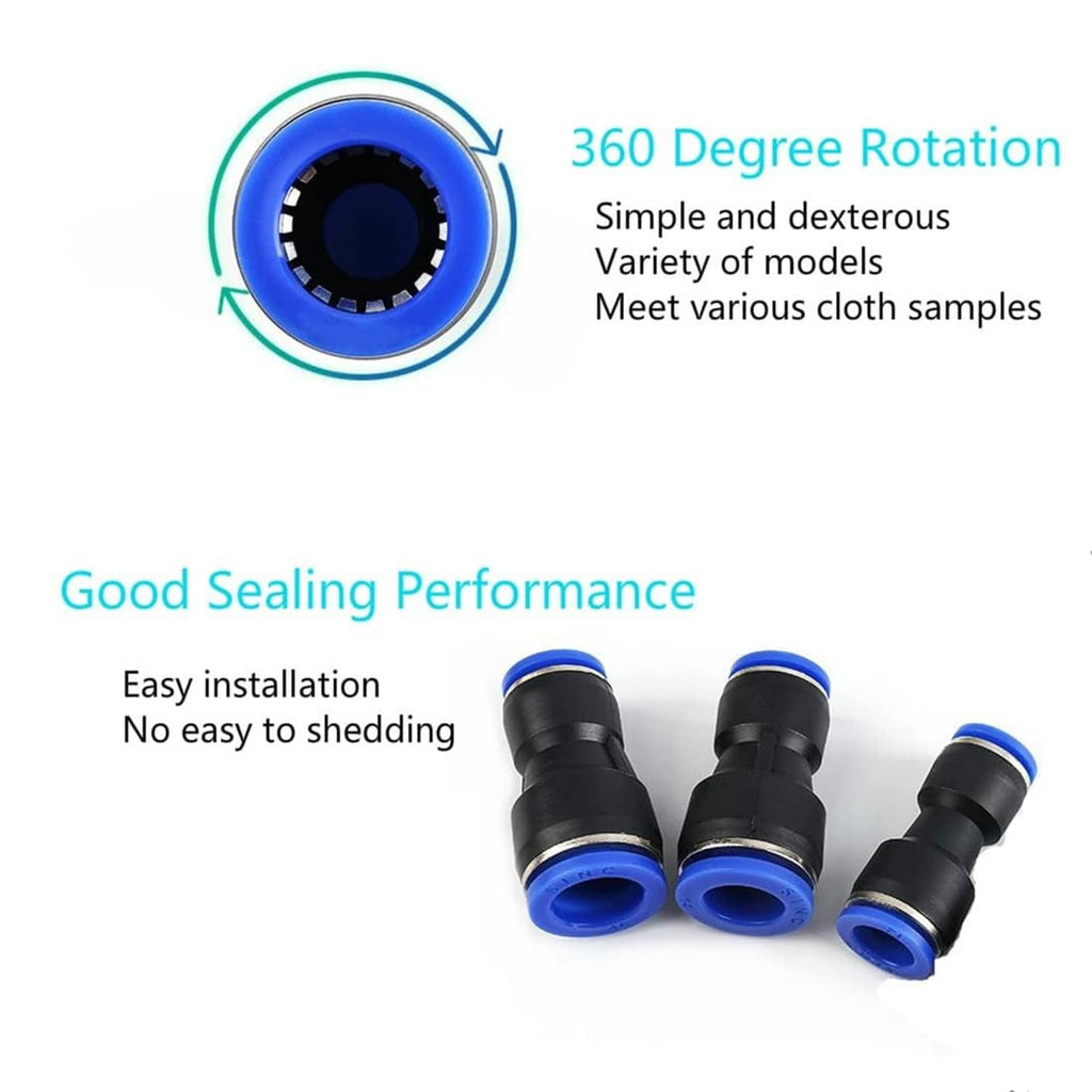 Black push-to-connect tube reducer fittings with blue end rings, three pieces