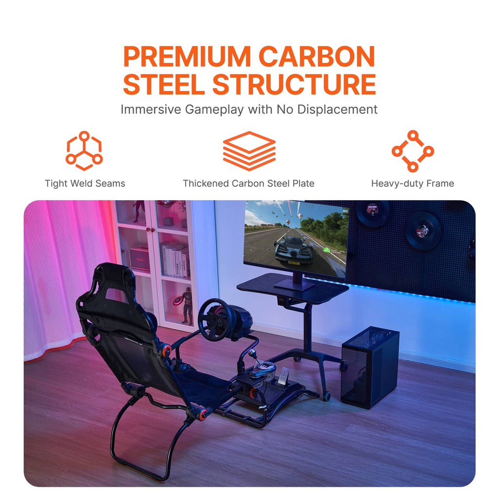 Racing simulator cockpit with black seat and steel frame, set up in a gaming room