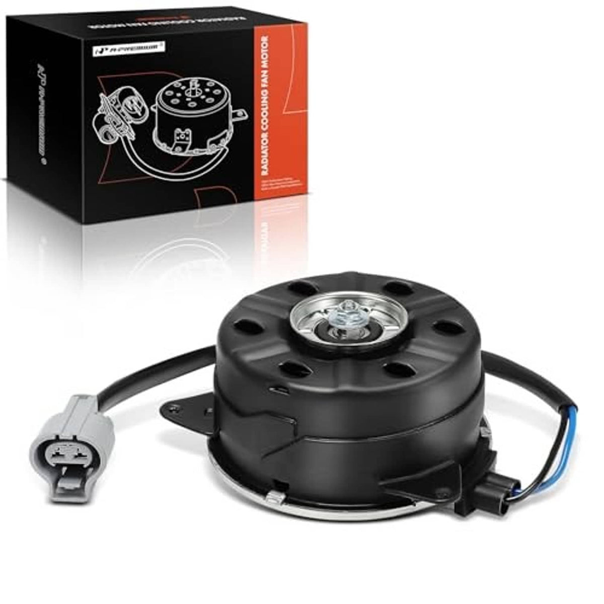 Black radiator fan motor kit with wiring harness and boxed product