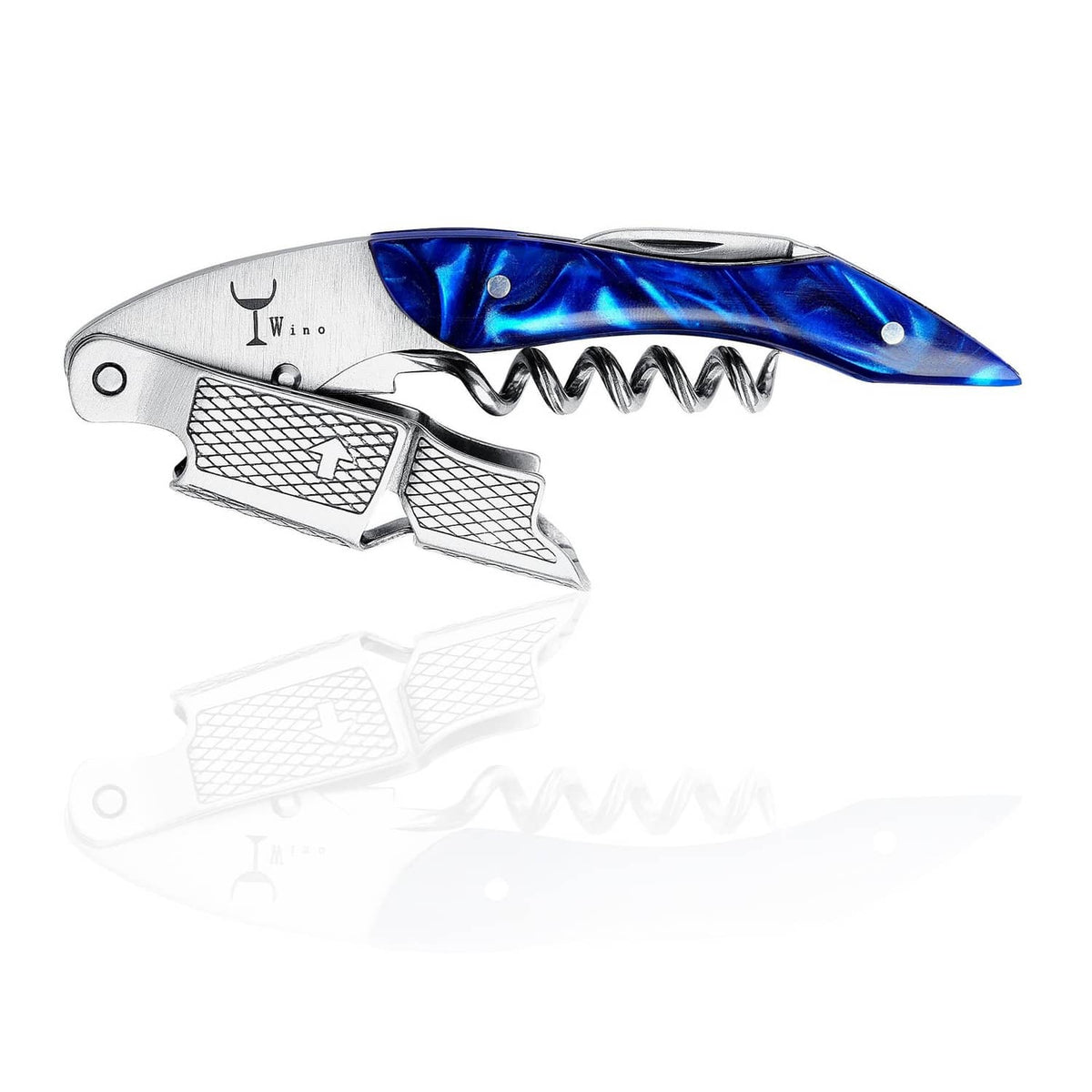 Sapphire-blue wine corkscrew with chrome body and textured grip
