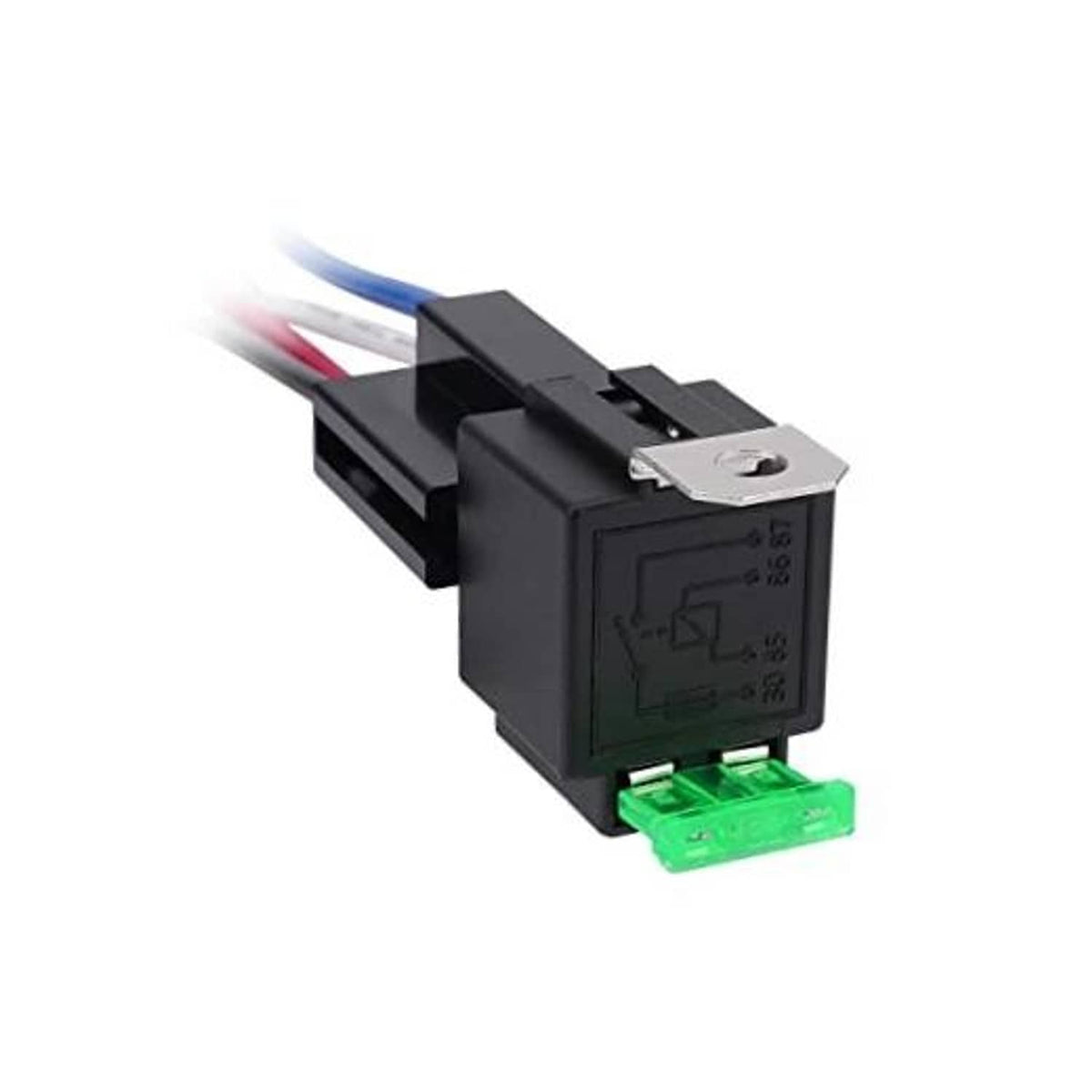 Fused DC SPST relay with 4-pin connector and green blade fuse, black housing