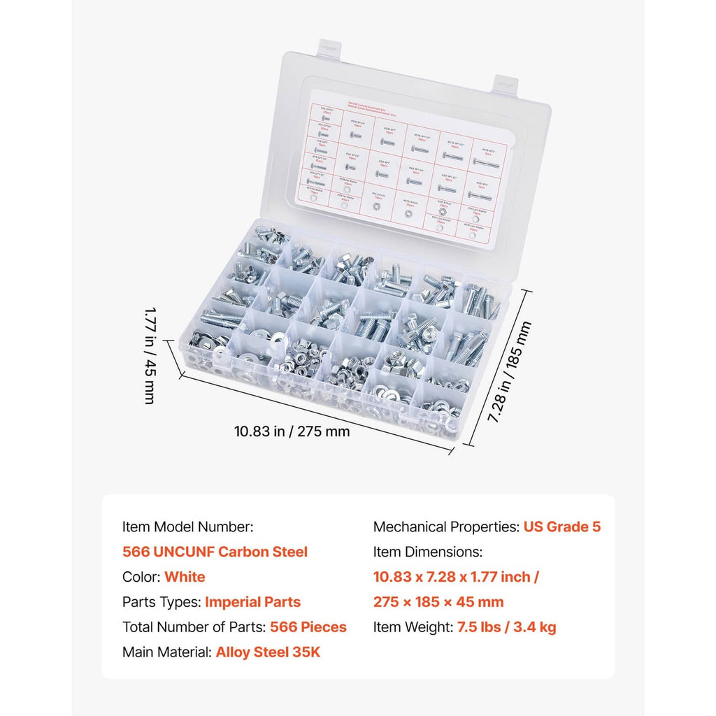 Folded hardware storage box with size chart and 566-piece bolt and nut assortment