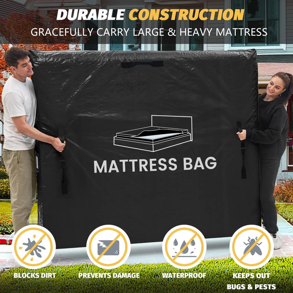 Black mattress storage bag with handles and logo, held up by two people