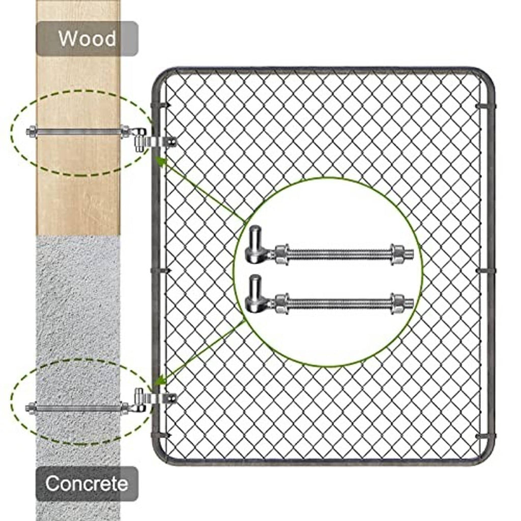 J-bolt gate hinge shown mounting chain-link fence to wood and concrete surfaces