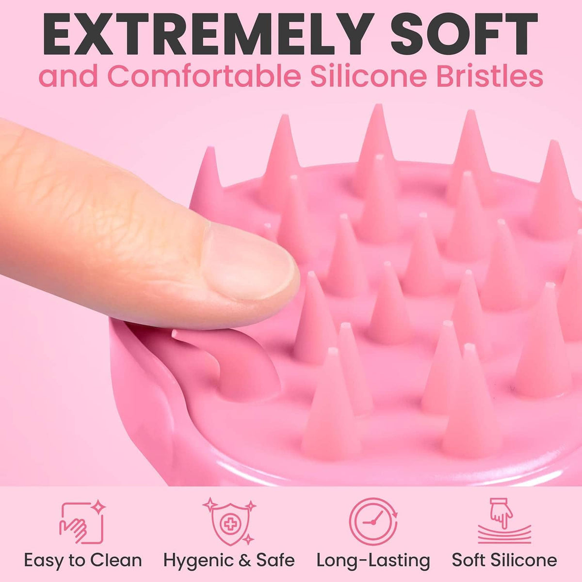 Pink silicone scalp scrubber brush with close-up of soft bristles