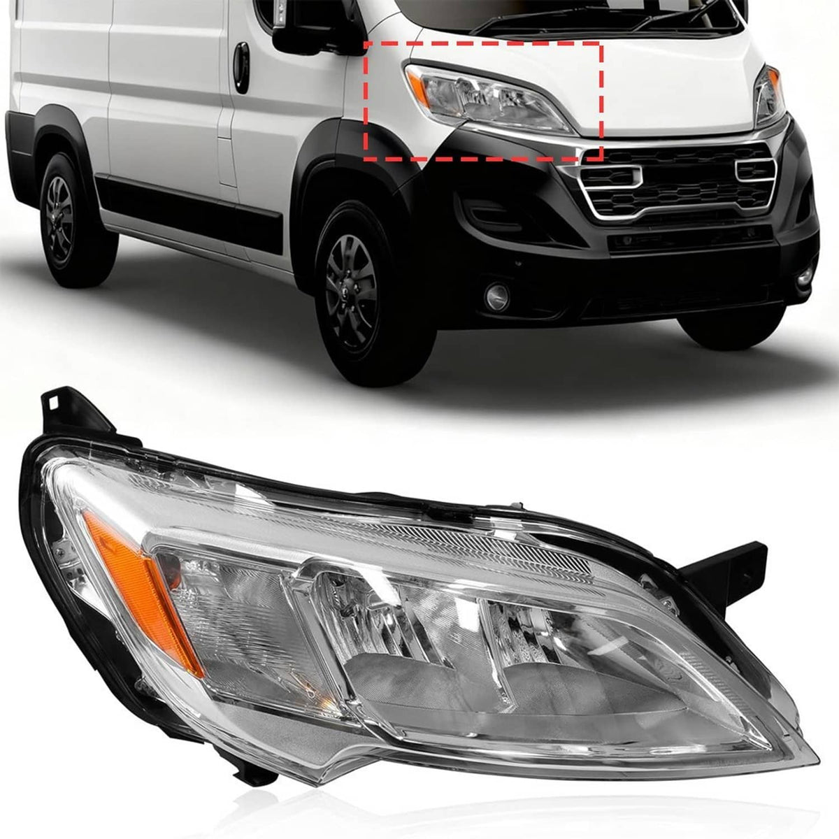 Right halogen headlight assembly on white van, clear lens with amber turn signal