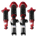 Red coilover strut set with black springs and adjustable height mounts, front and rear