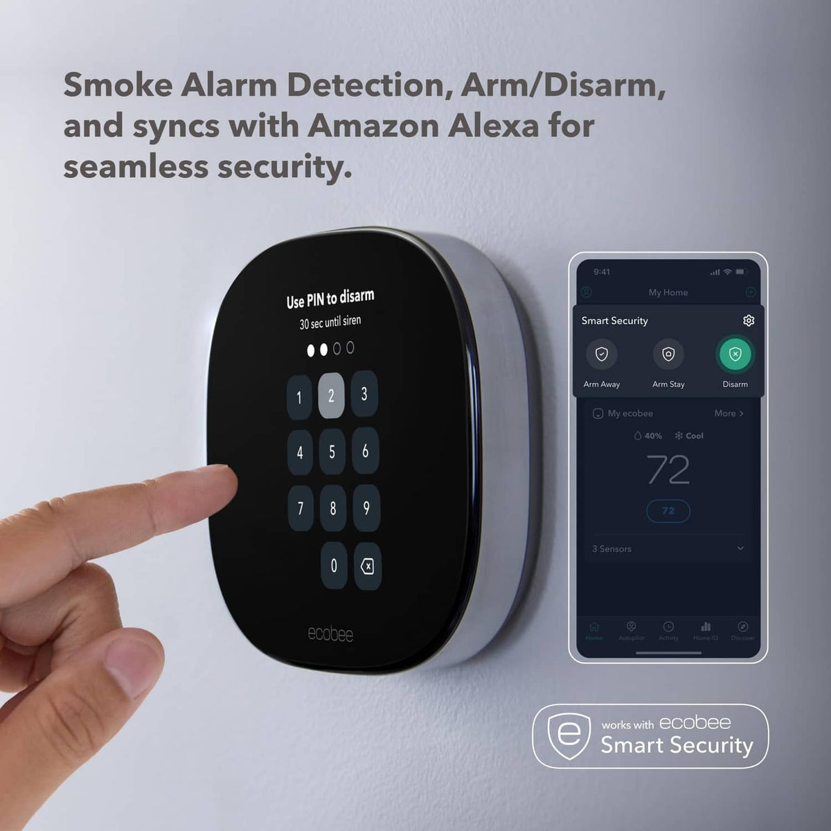 Black smart security keypad and smartphone app showing alarm controls