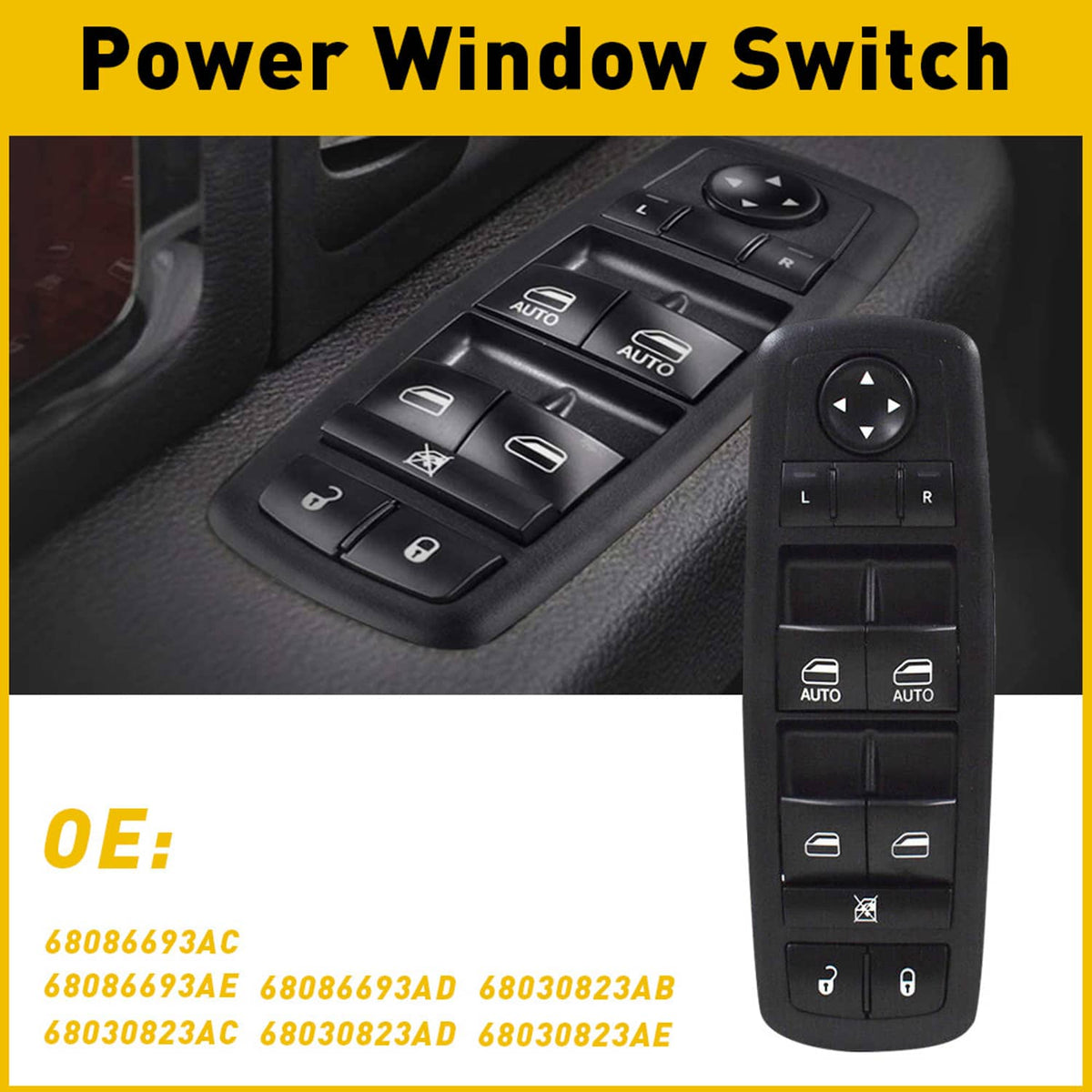 Power window switch panel with auto buttons, lock controls, and window direction arrows