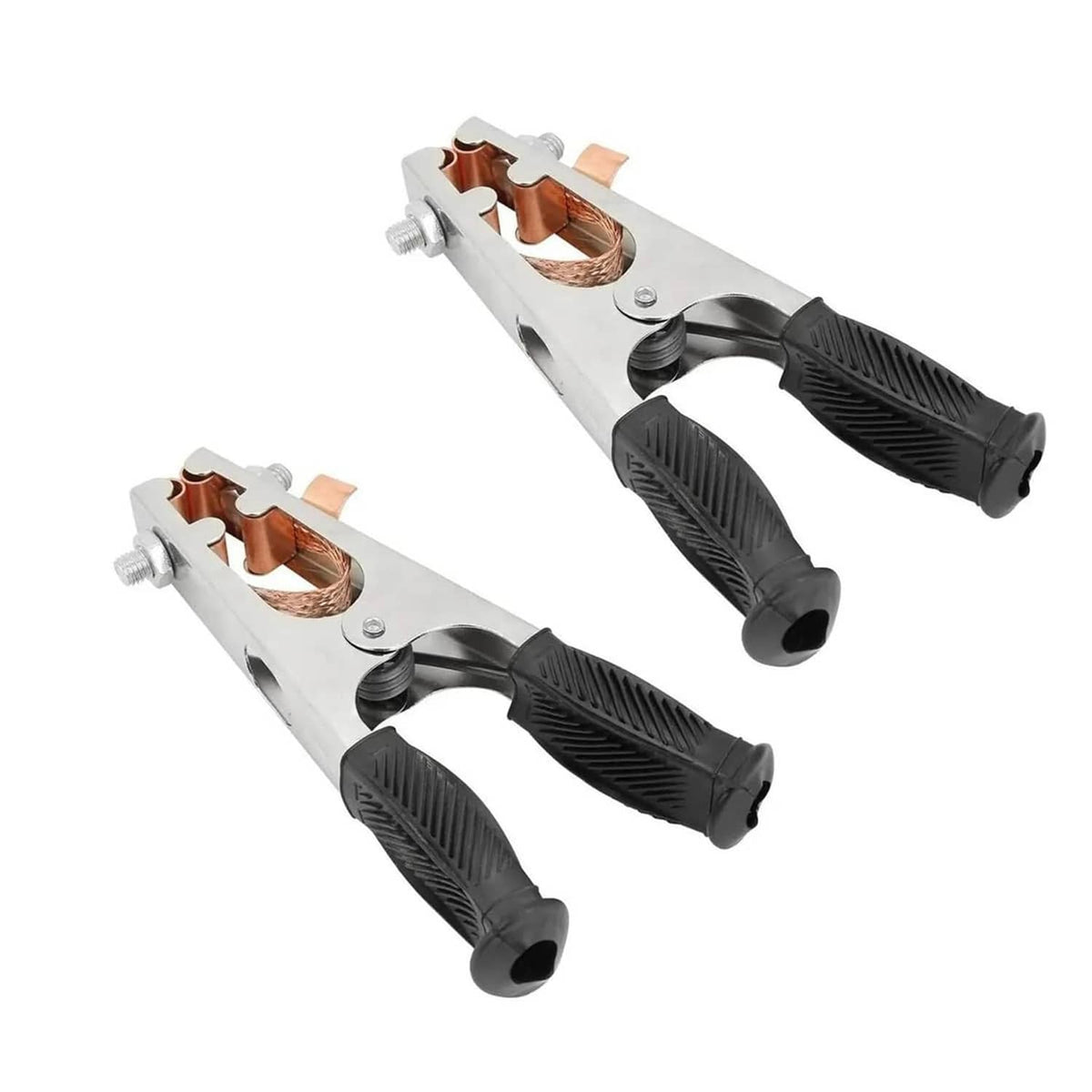 Earth ground cable clips set with black insulated handles and copper contacts