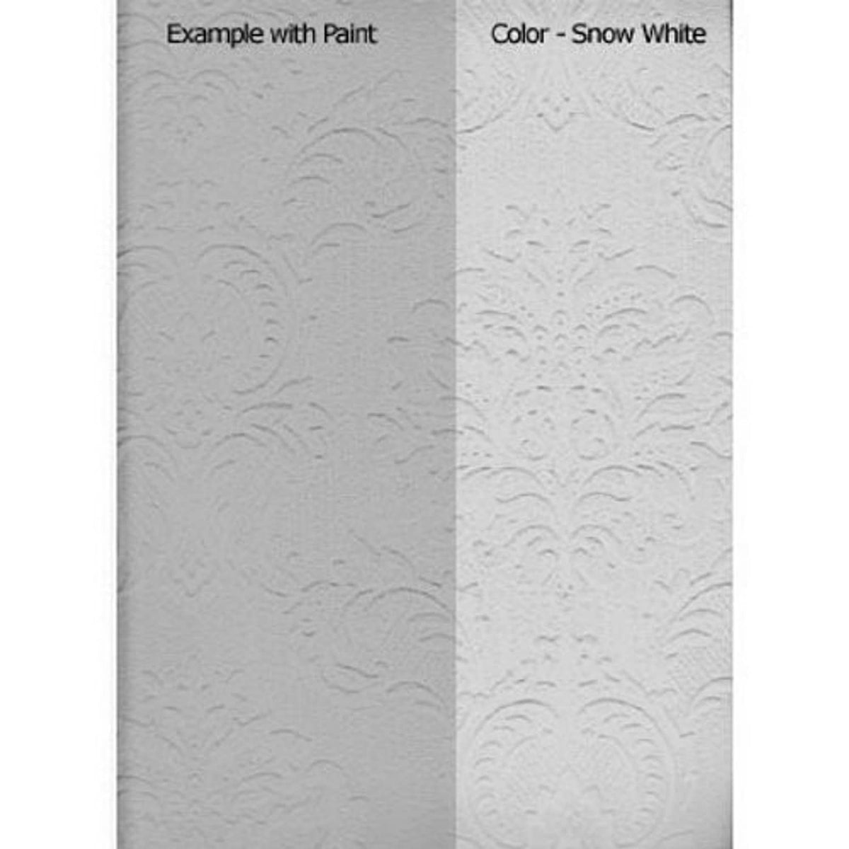 Paintable damask wallpaper with embossed swirl pattern, white, shown side-by-side panels