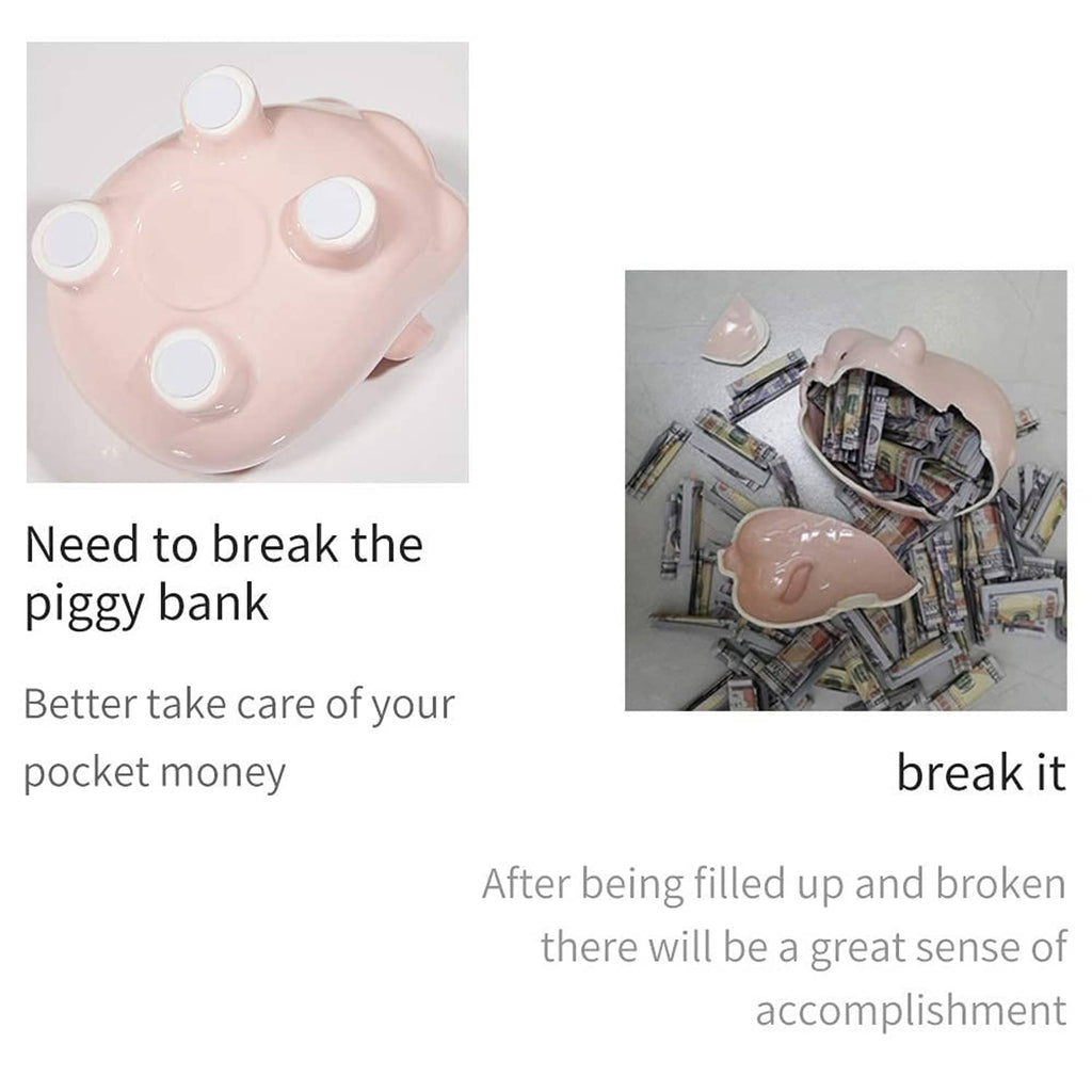 Pink ceramic piggy bank shown from front and top with circular openings
