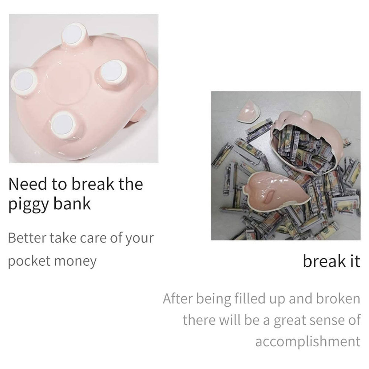 Pink ceramic piggy bank shown from front and top with circular openings