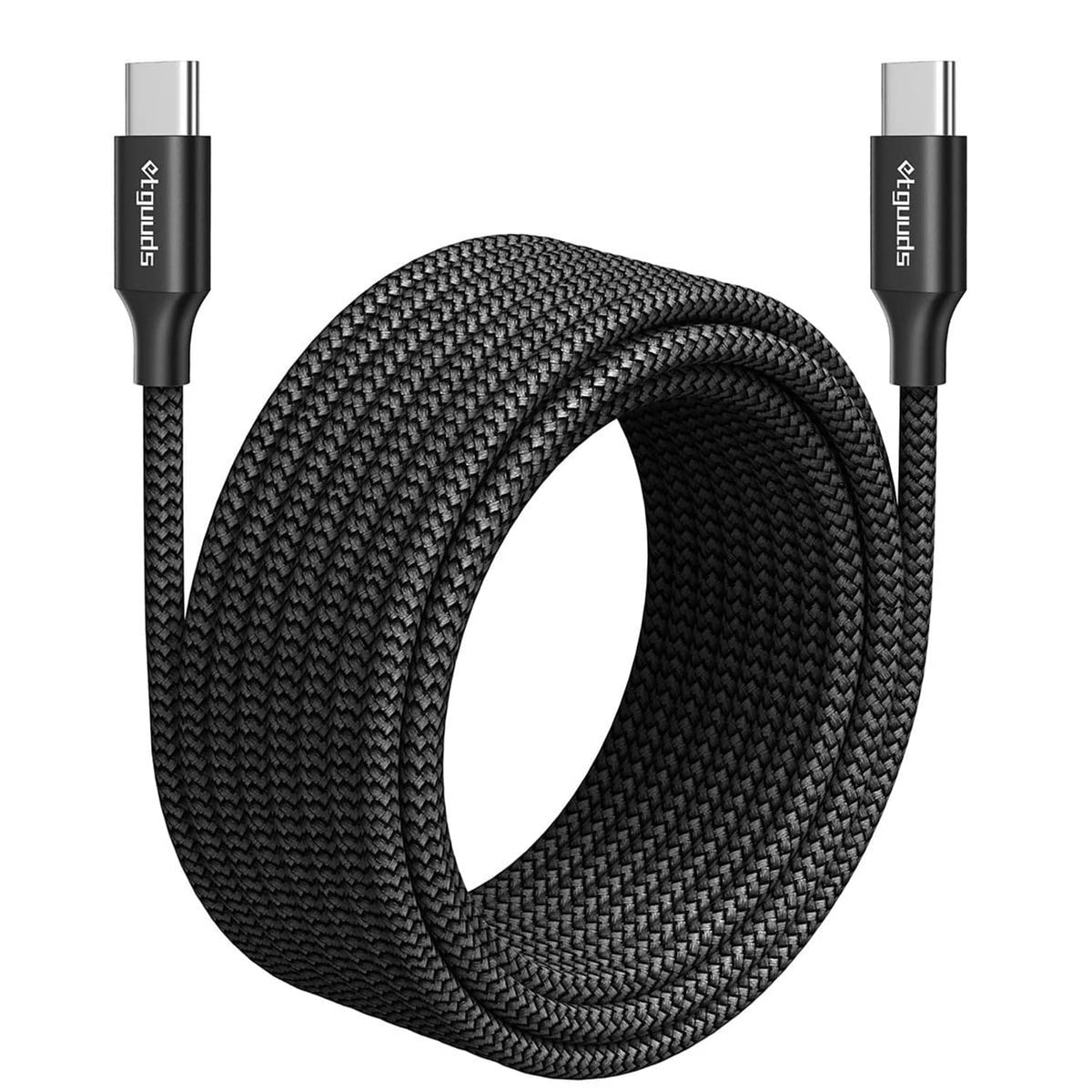 Black braided USB-C charging cable with silver USB-C connectors, coiled view.