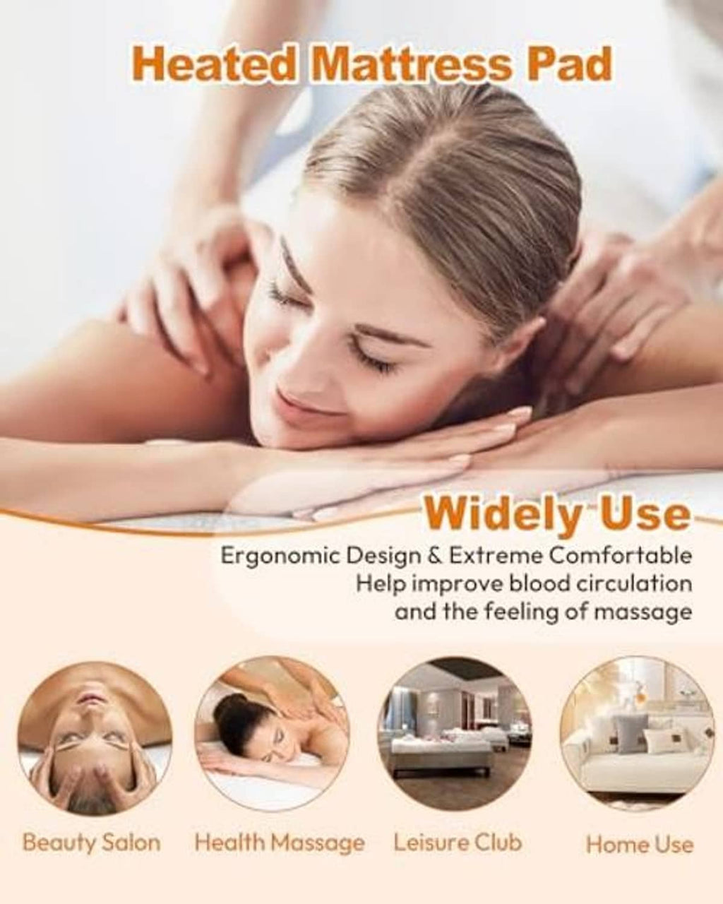 White heated massage mattress pad with attached control module and cable connection.