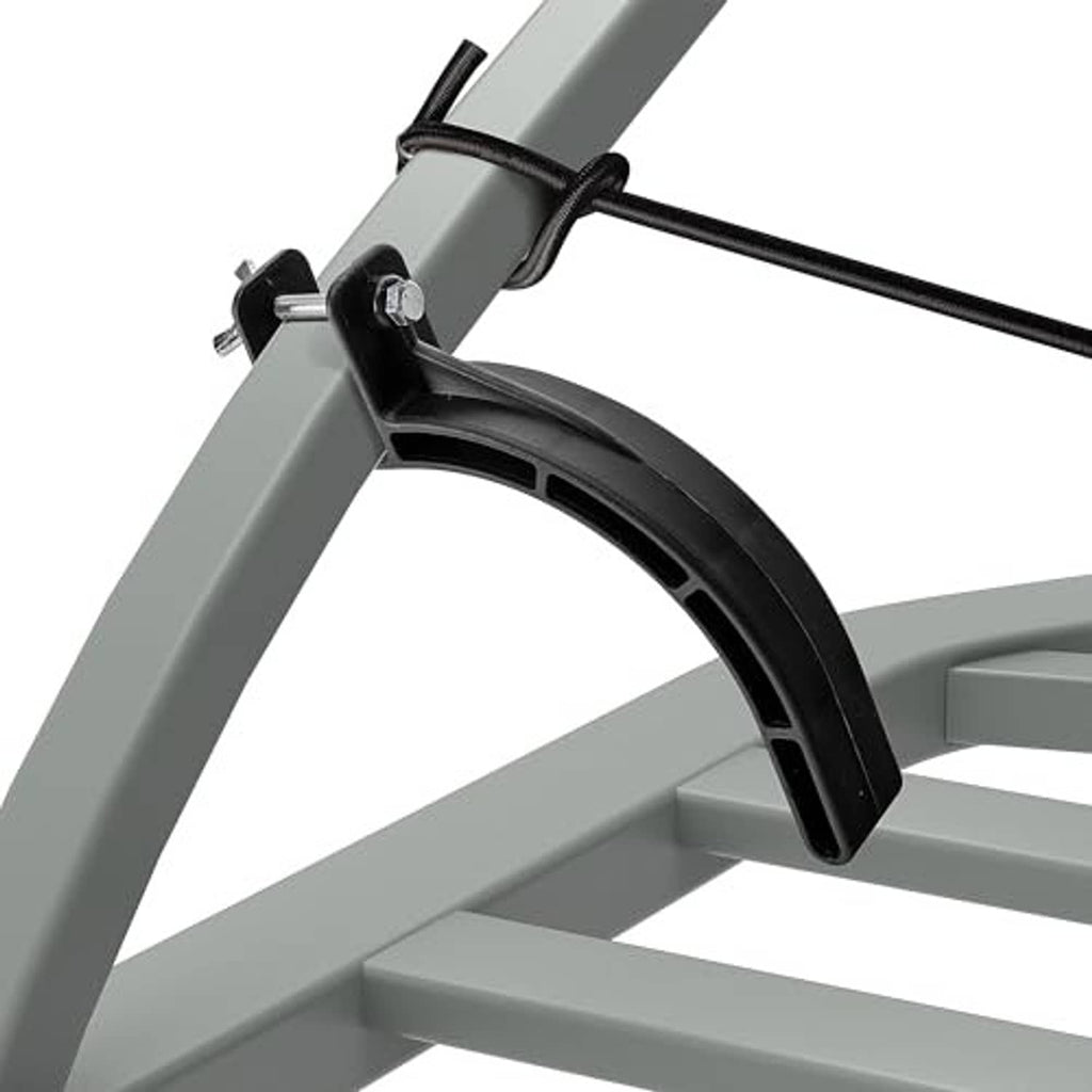 Black stirrup bracket mounted on a grey metal climbing stand bar with rope attached
