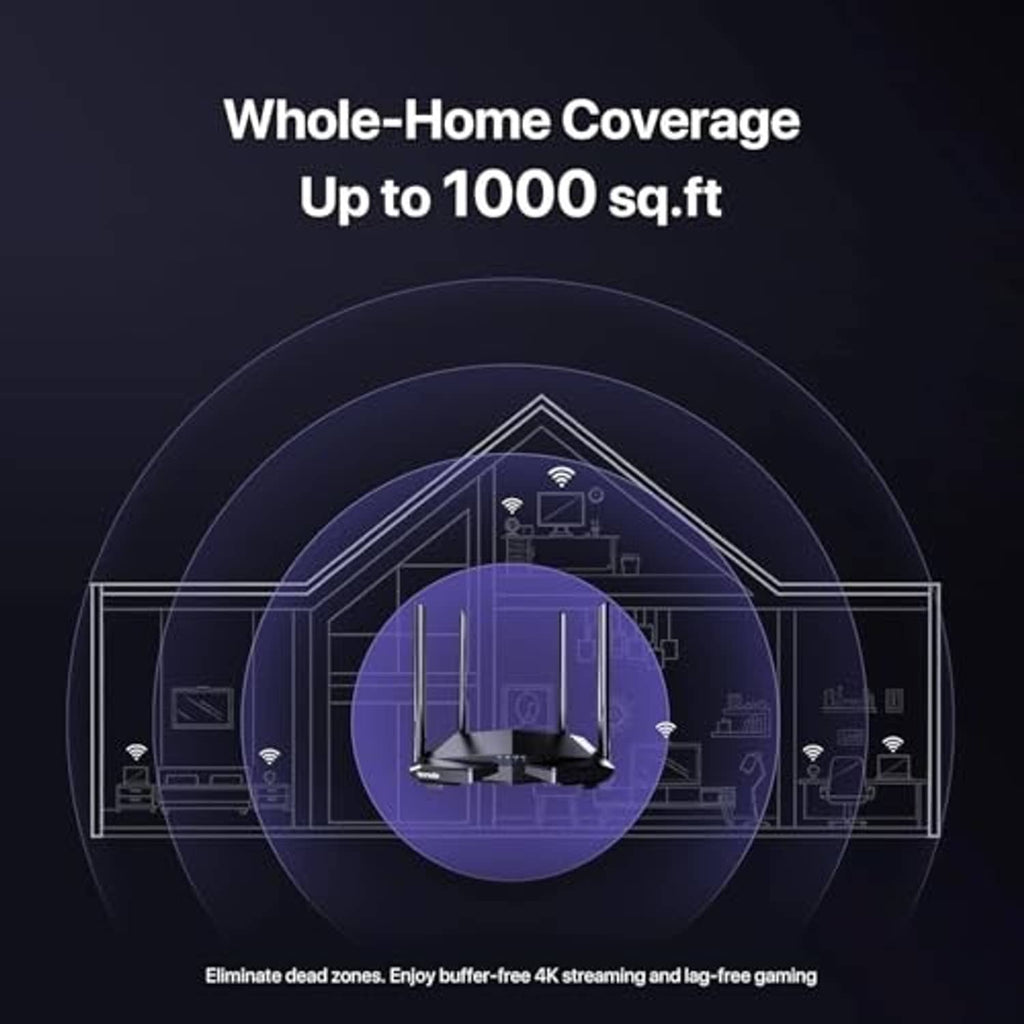 Tenda WiFi router with four antennas, shown within a coverage diagram.