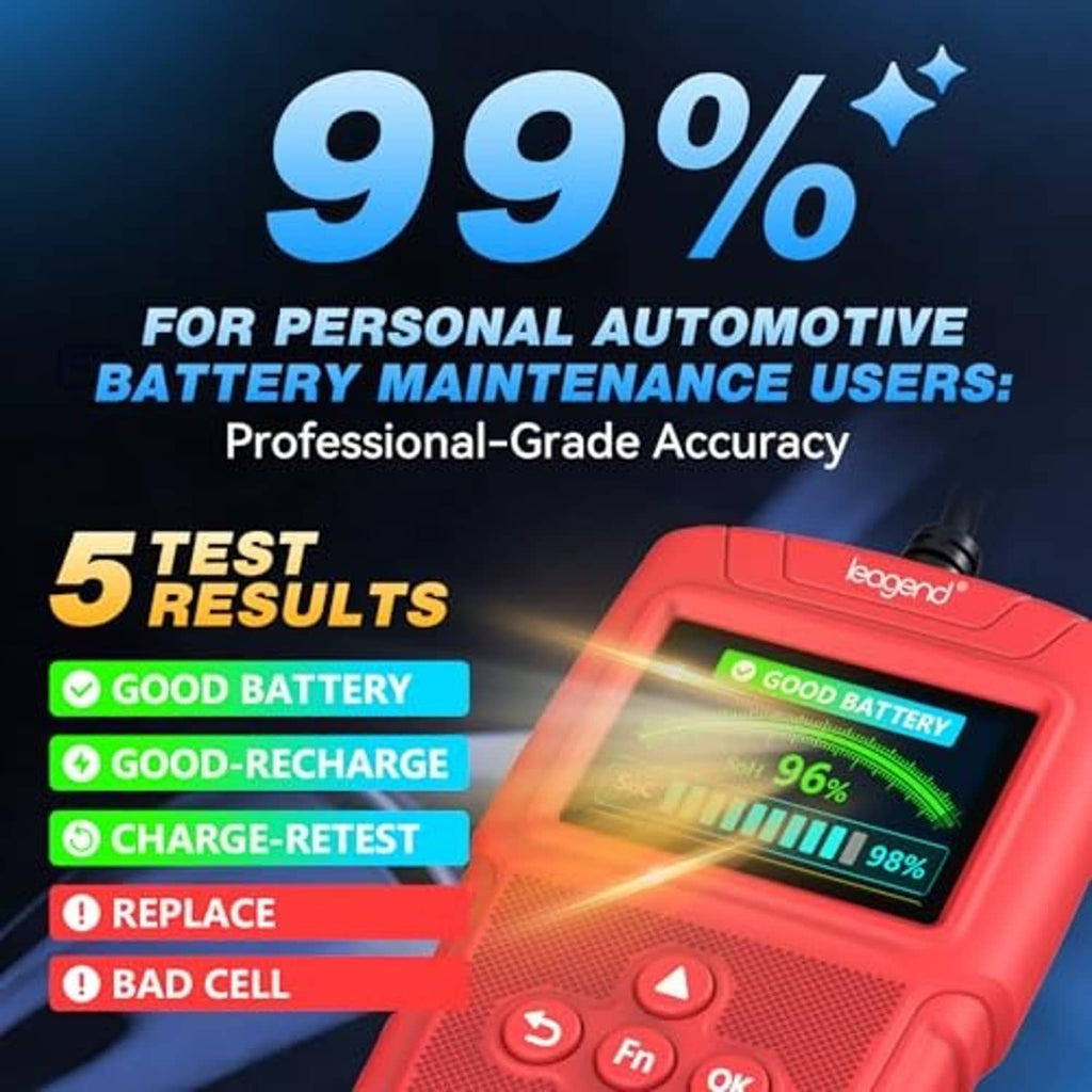 Red battery tester with illuminated LCD screen and front control buttons