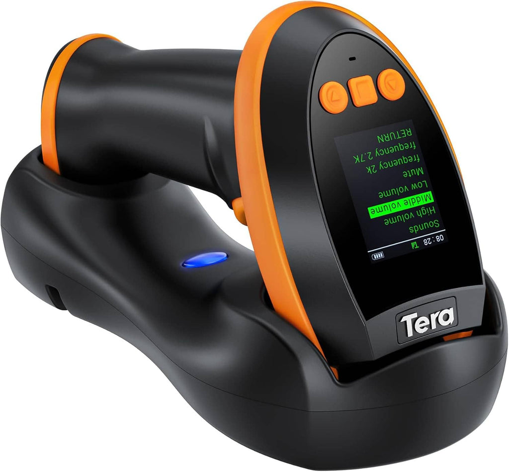 Wireless barcode scanner with display screen, black body and orange trim